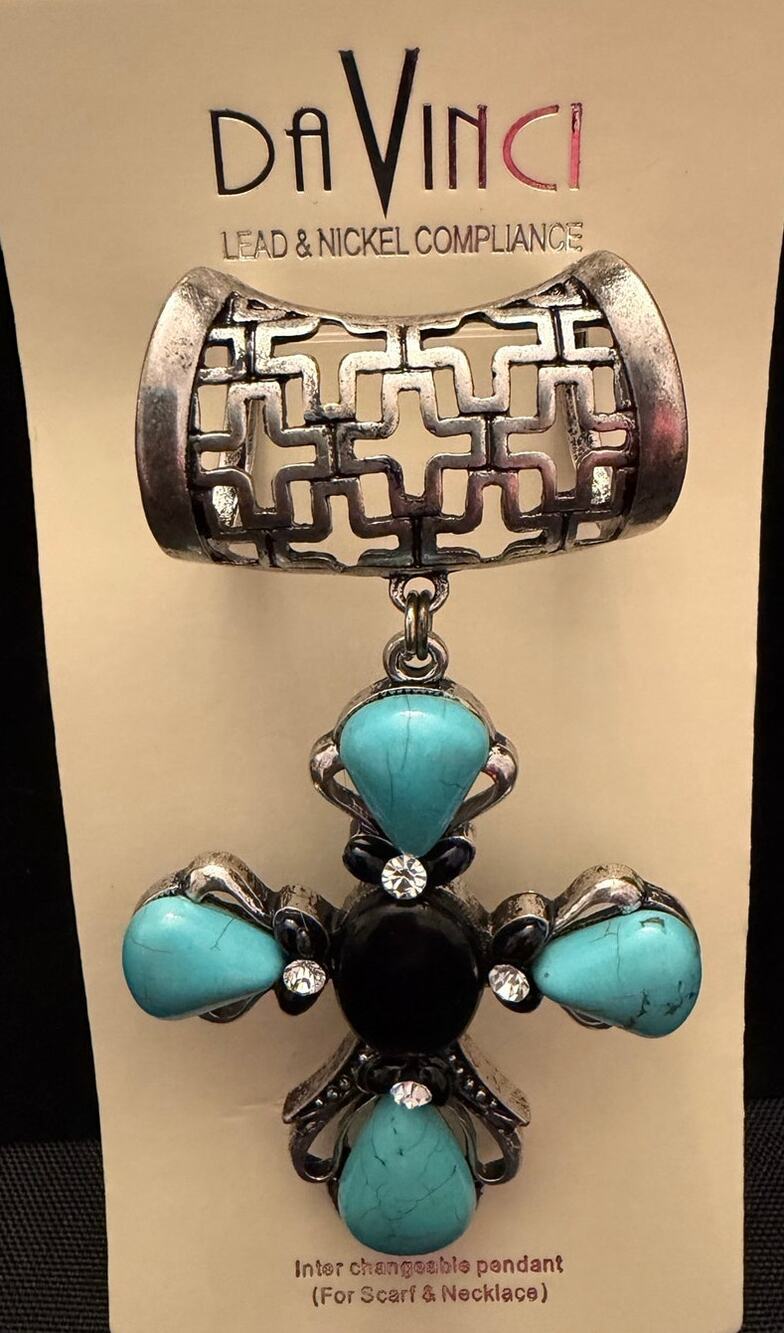 NWT DaVinci Turquoise Natural Stone Cross Pendant Scarf Slide Charm  4x2”